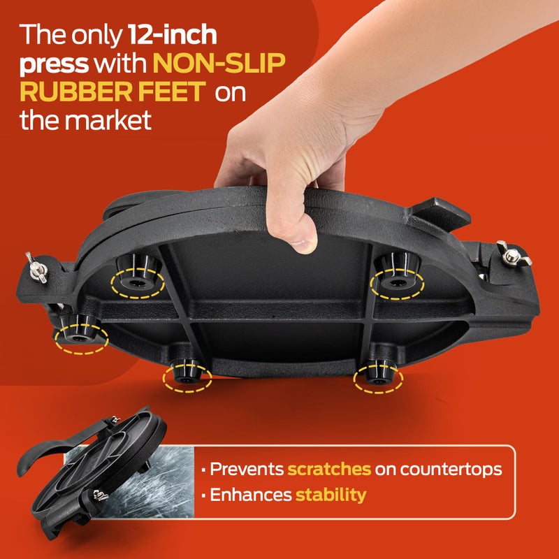 SIRCLES Tortilla Press 12 Inch Cast Iron - Extra Large, Heavy Duty 12 Inch Tortilla Press - Ebook Tortilla recipes - 5 Non-Slip Rubber Feet - Pre-Seasoned - Prensa Para Tortillas De 12 Pulgadas Grande - Image 3