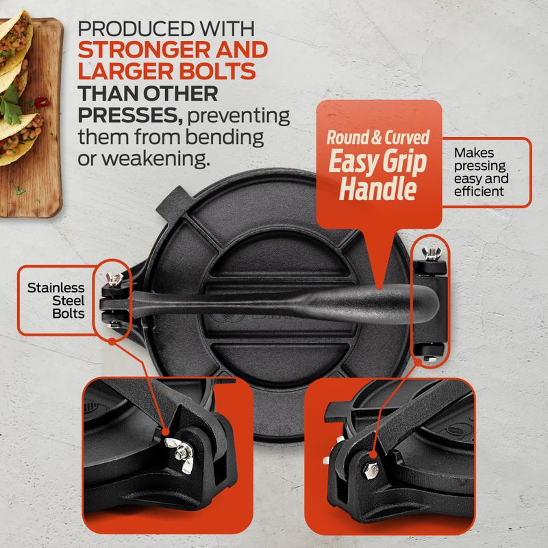 SIRCLES Tortilla Press 12 Inch Cast Iron - Extra Large, Heavy Duty 12 Inch Tortilla Press - Ebook Tortilla recipes - 5 Non-Slip Rubber Feet - Pre-Seasoned - Prensa Para Tortillas De 12 Pulgadas Grande - Image 4