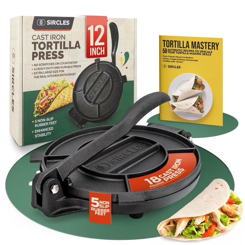 SIRCLES Tortilla Press 12 Inch Cast Iron - Extra Large, Heavy Duty 12 Inch Tortilla Press - Ebook Tortilla recipes - 5 Non-Slip Rubber Feet - Pre-Seasoned - Prensa Para Tortillas De 12 Pulgadas Grande - Image 1