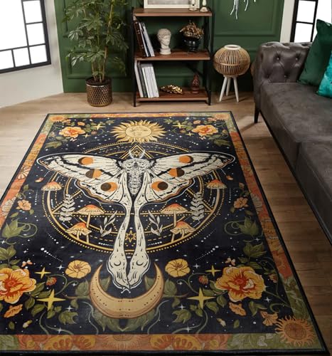 Ouyattle Washable Mystical Luna Moth Rugs Ultra Thin Boho Moody Black Floral Aesthetic Bedroom Rugs Vintage Hippie Celestial Trendy Indie Dorm Rug Retro Cute 4x6 Area Rug for Dining Living Room Entryway - Image 1