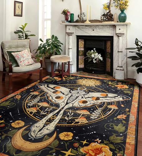 Ouyattle Washable Mystical Luna Moth Rugs Ultra Thin Boho Moody Black Floral Aesthetic Bedroom Rugs Vintage Hippie Celestial Trendy Indie Dorm Rug Retro Cute 4x6 Area Rug for Dining Living Room Entryway - Image 3
