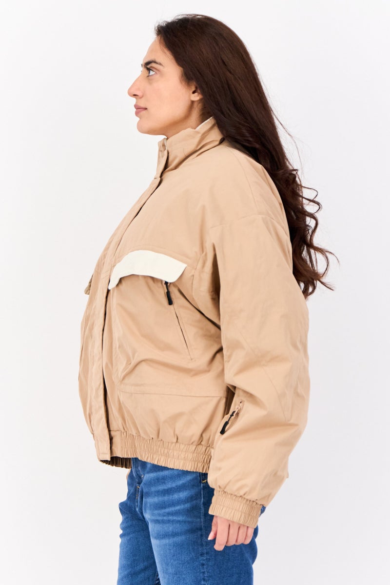 Asos 4505 Women High Neck Solid Bomber Jacket, Light Brown - Image 2