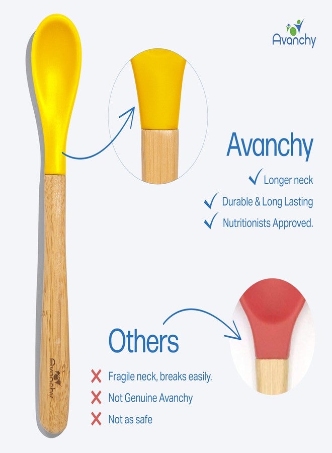 Avanchy Bamboo & Silicone Infant Training Spoons, BPA Free - Soft Tip, Easy on Gums, First Stage Feeding Utensils for Baby-Led Weaning, Self-Feeding, Assorted w/Blue - Image 3