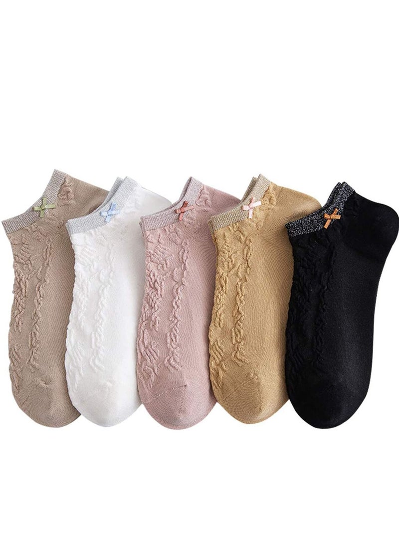 SYOSI Women's Short Sock Cotton Low Cut Ankle Socks Lightweight Breathable Ventilation Ankle Socks, Elasticity Lovely Bow Detailing Jacquard No Show Low Cut Socks Size 5 to 9 5 Pack - Image 1