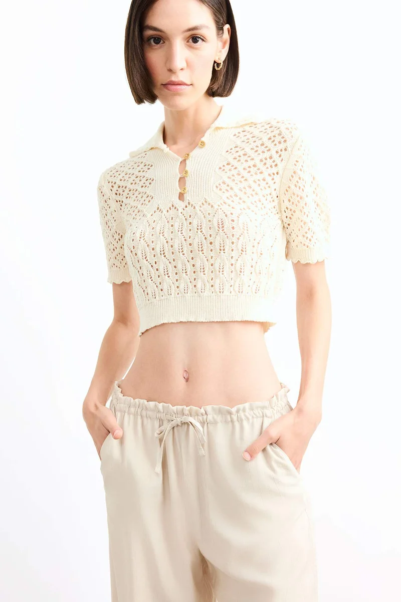 ديفاكتو Polo Collar Crochet Short Sleeve Knit Blouse