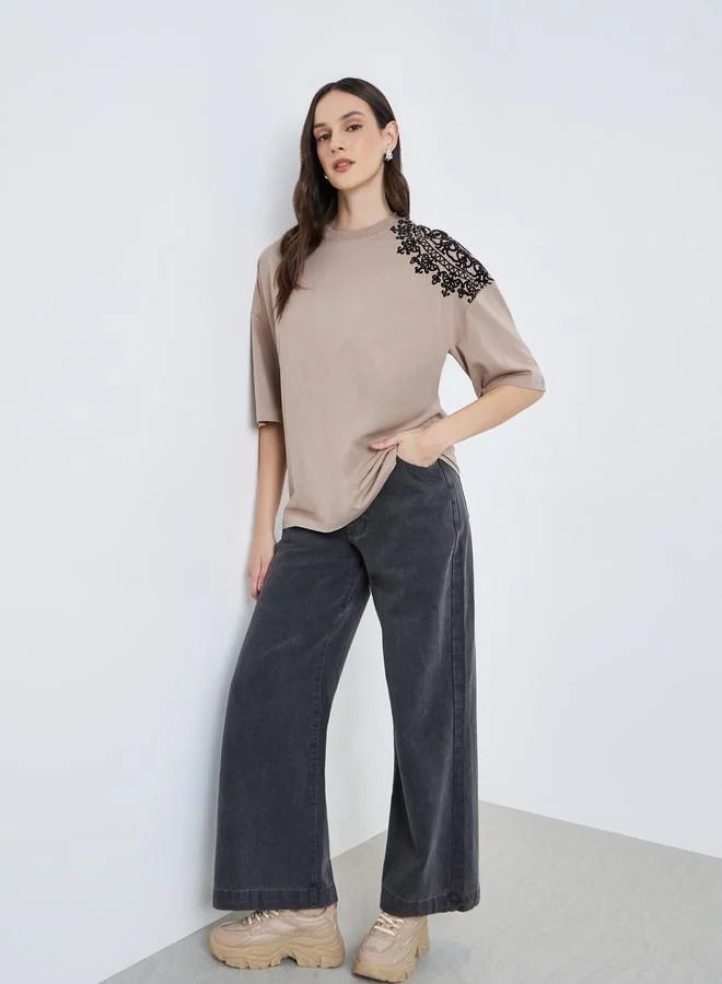 Styli Women Beige Placement Flocked Oversized T-Shirt
