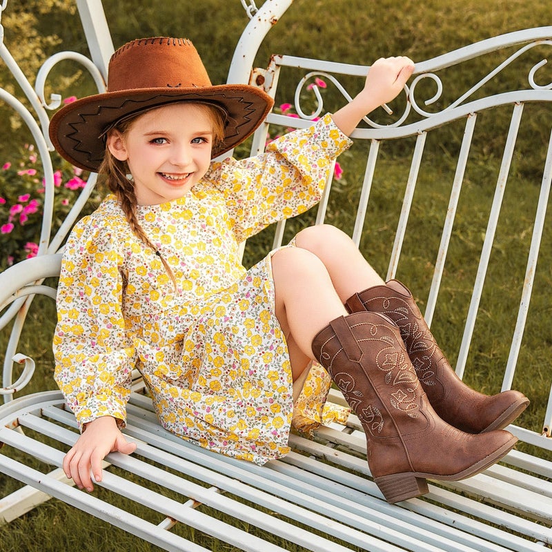 LAURMOSA Youth Cowgirl Boots for Girls Brown Mid Calf Pointed Toe Girls Zipper Cowboy Boots Embroidered Classic Kids Horseback Riding Boots Party for Toddler Little Big Kids(L1051Brown 1) - Image 4