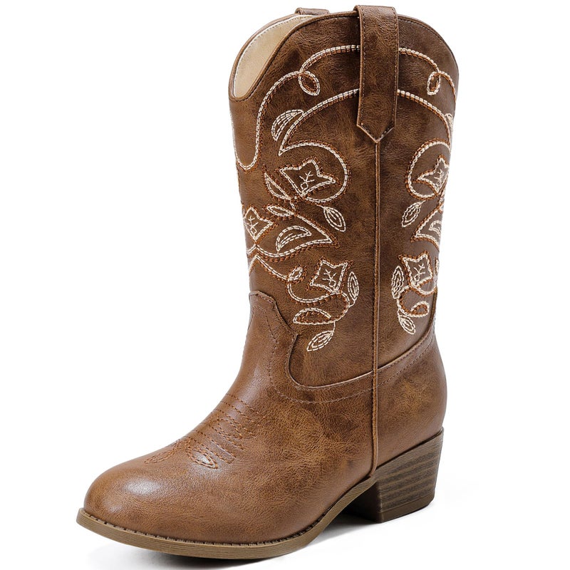 LAURMOSA Youth Cowgirl Boots for Girls Brown Mid Calf Pointed Toe Girls Zipper Cowboy Boots Embroidered Classic Kids Horseback Riding Boots Party for Toddler Little Big Kids(L1051Brown 1) - Image 1