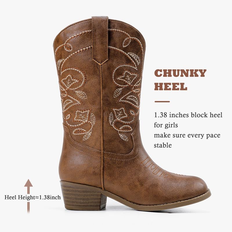 LAURMOSA Youth Cowgirl Boots for Girls Brown Mid Calf Pointed Toe Girls Zipper Cowboy Boots Embroidered Classic Kids Horseback Riding Boots Party for Toddler Little Big Kids(L1051Brown 1) - Image 5
