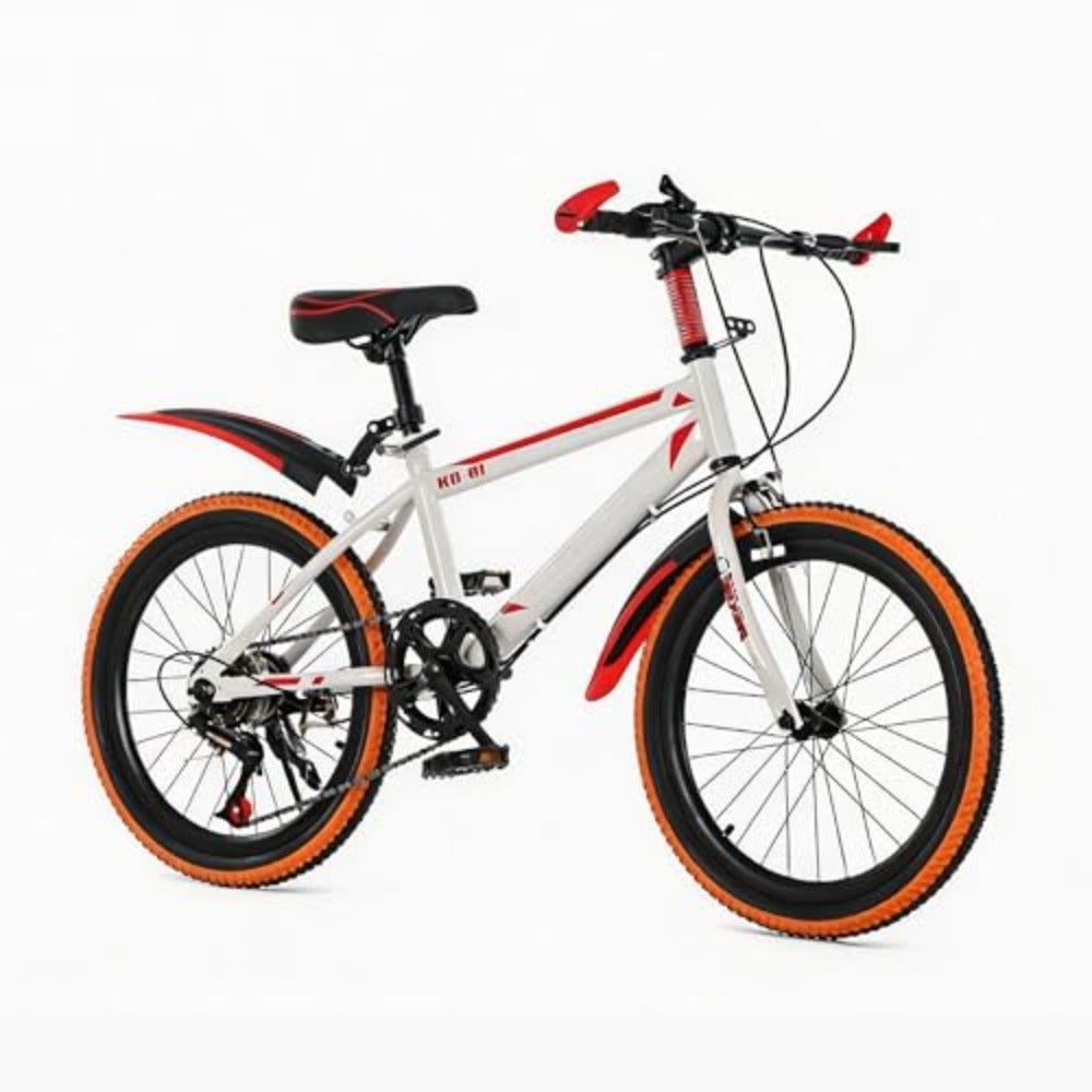 ' mountain bike for 5-12 years boys: 20-inch, multiple speeds, high-strength steel frame, red white color, front and rear brakes, adjustable seat, 95 pre-assembled, great gift