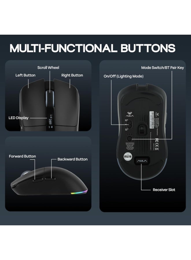 AULA SC590 PRO Wireless Gaming Mouse 2.4G + Bluetooth + Wired | 64g Lightweight Esports Mouse with 3311 Sensor Chip, RGB Lighting, Ergonomic Design, Ultra-Fast Response for PC & Laptop - Image 4