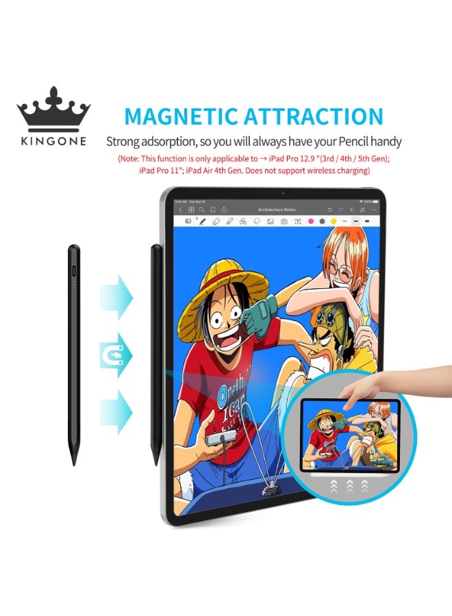 كينجوان قلم لمس مُحسّن، قلم آيباد، دقة وحساسية فائقة، خاصية رفض لمس راحة اليد، يمنع اللمس الخاطئ للتشغيل/الإيقاف، شاشة عرض الطاقة، حساسية الإمالة، امتصاص مغناطيسي لأجهزة آيباد 2018 والإصدارات الأحدث، لون أسود - Image 4