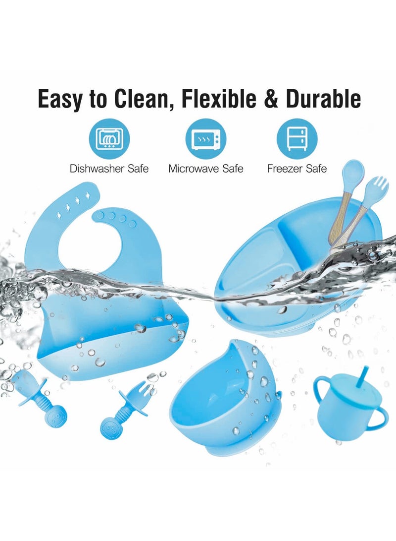 Silicone Baby Weaning Feeding Set 10 Pieces, Baby Toddler Dish Set, Baby Led Weaning Supplies Set, Divided Plate, Suction Bowl, Bib, Spoon, Fork, Sippy Cup, BPA-Free, Easy to Clean