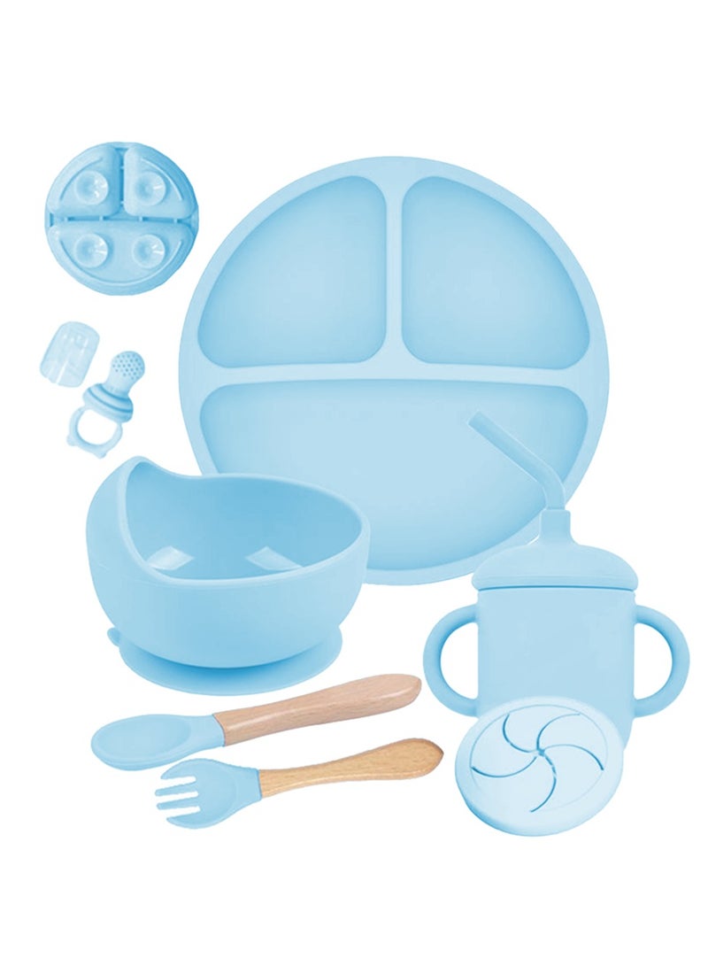Silicone Baby Weaning Feeding Set 10 Pieces, Baby Toddler Dish Set, Baby Led Weaning Supplies Set, Divided Plate, Suction Bowl, Bib, Spoon, Fork, Sippy Cup, BPA-Free, Easy to Clean