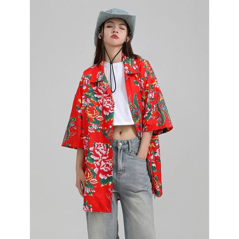Northeast big flower short-sleeved shirt women's design sense niche retro new Chinese style beach shirt jacket summer - Image 2