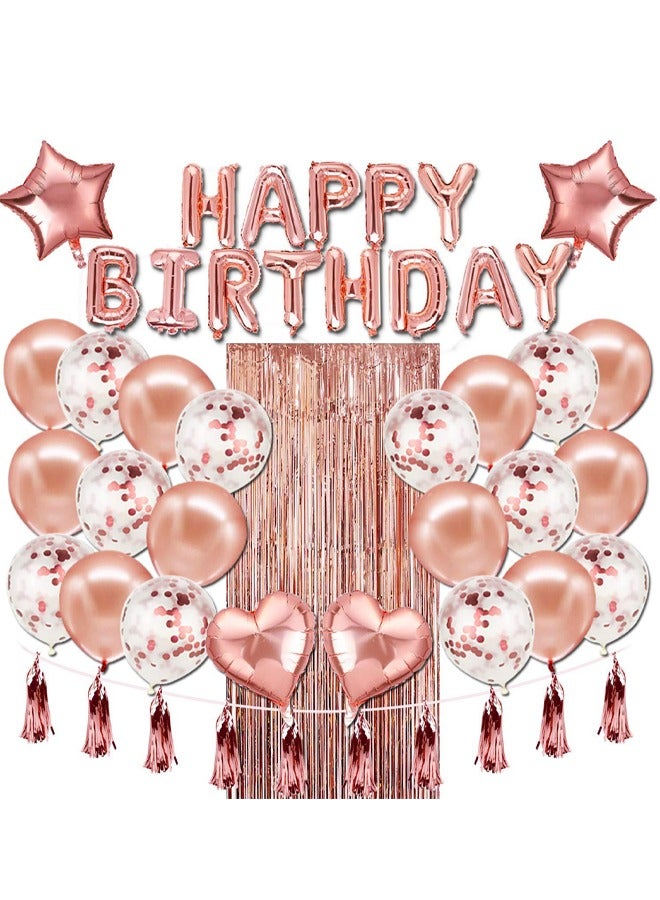 Zeemey Rose Gold Birthday Party Decoration Balloon Arch Garland Set with Happy Birthday Balloon Banner, Foil Balloon, Fringe Curtain and Ribbon - Image 1