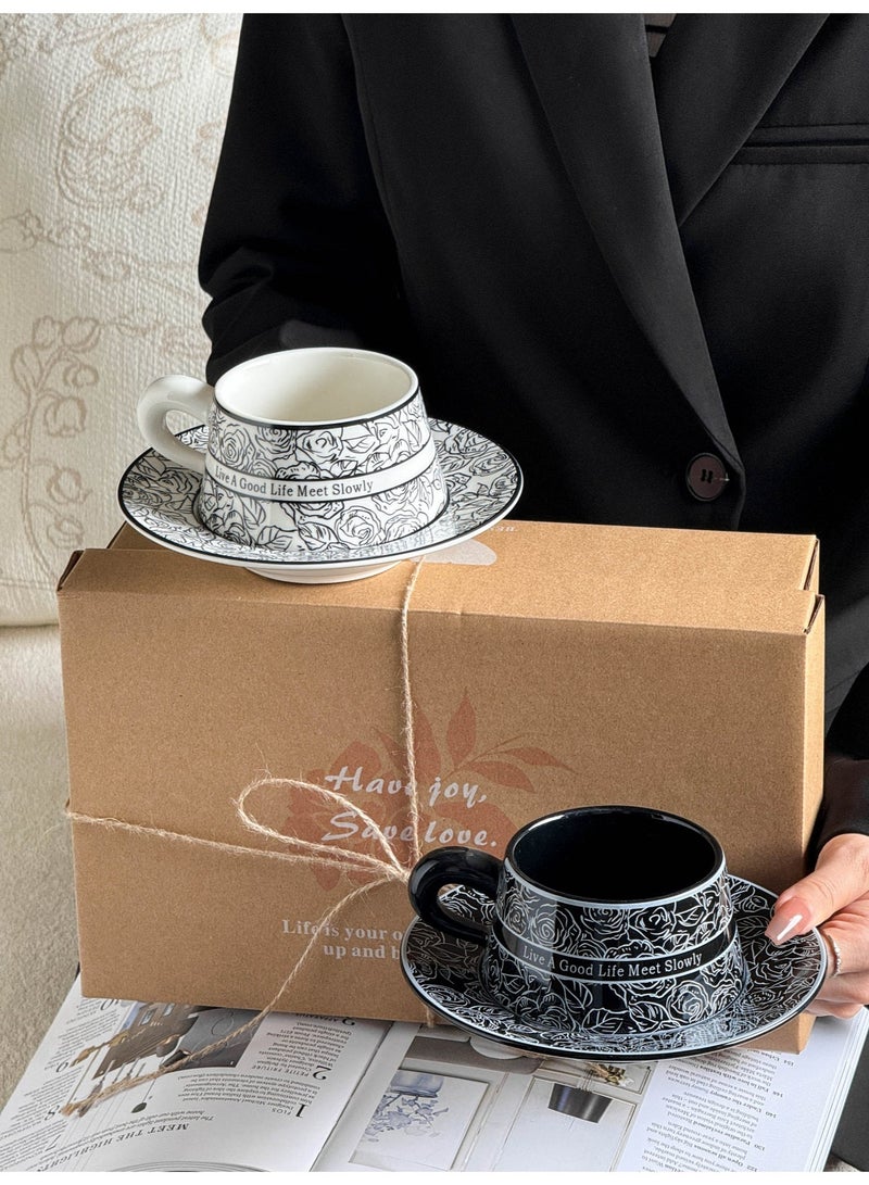 WALALLA Ceramic Coffee Cup and Saucer Set, 2pc Set of Vintage Camellia-Inspired Design Porcelain Coffee Cup and Saucer with Gift Box, Hand Crafted Flower Shaped Coffee Cup for Home Office,250 ML Capacity - Image 1