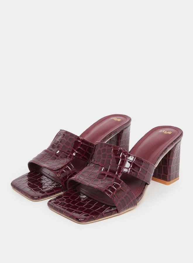 Styli Styli Croc Texture Double Strap Block Heel Sandals