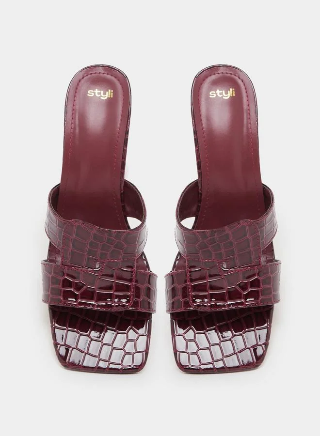 Styli Styli Croc Texture Double Strap Block Heel Sandals