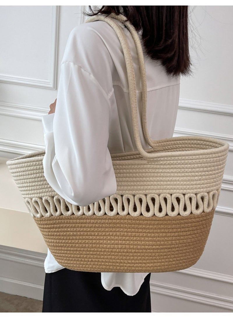 Moovant Women Woven Shoulder Bag, Summer Beach Bag, Portable Storage Basket Travel Crossbody Cotton Rope Handbag Purse, Ladies Straw Tote Bag  - Image 2
