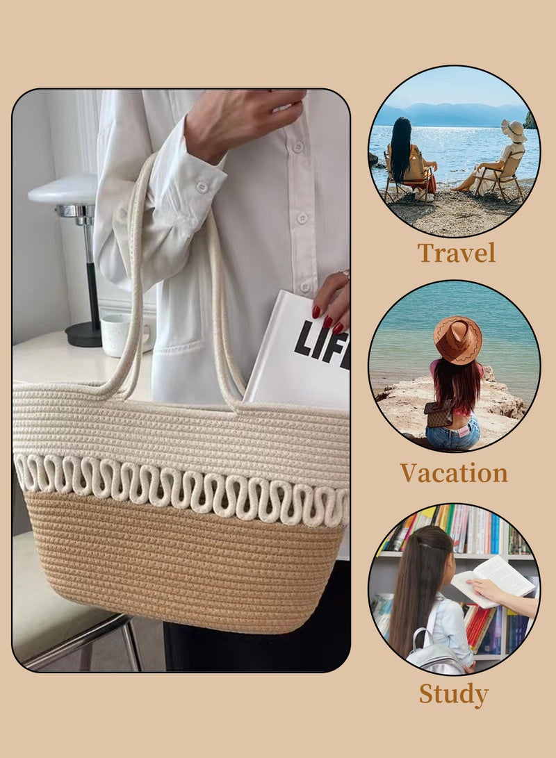 Moovant Women Woven Shoulder Bag, Summer Beach Bag, Portable Storage Basket Travel Crossbody Cotton Rope Handbag Purse, Ladies Straw Tote Bag  - Image 3