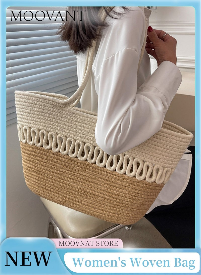 Moovant Women Woven Shoulder Bag, Summer Beach Bag, Portable Storage Basket Travel Crossbody Cotton Rope Handbag Purse, Ladies Straw Tote Bag  - Image 1