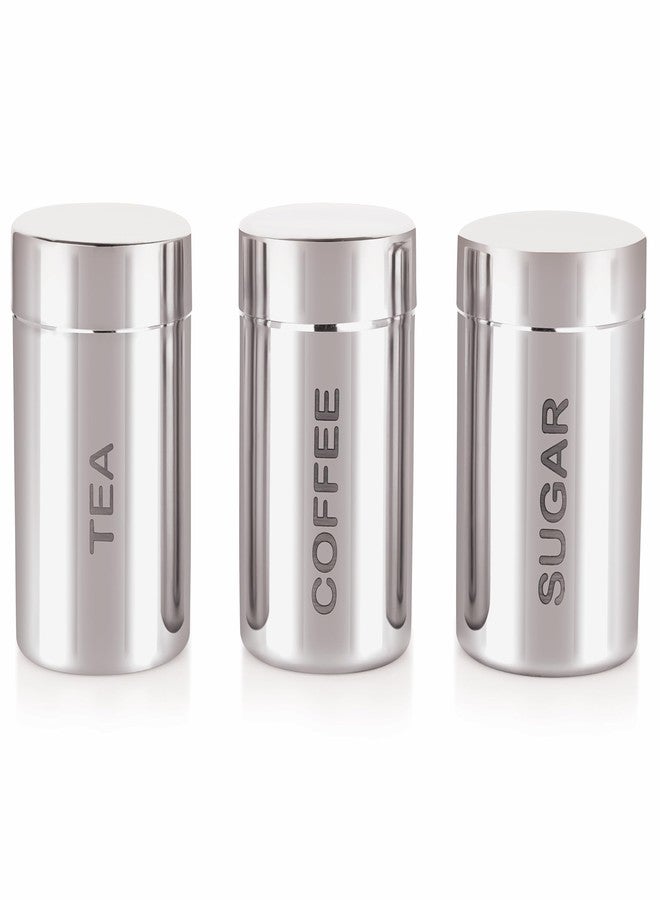 STEEPLE Stainless Steel Tea, Coffee, and Sugar Container Set Â– 800 ml Capacity Each | Durable, Rustproof, Airtight Storage Jars for Kitchen | Set of 3 Modern Canisters with Engraved Labels, Silver - Image 1