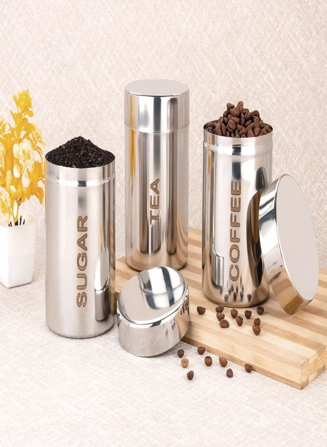 STEEPLE Stainless Steel Tea, Coffee, and Sugar Container Set Â– 800 ml Capacity Each | Durable, Rustproof, Airtight Storage Jars for Kitchen | Set of 3 Modern Canisters with Engraved Labels, Silver - Image 3