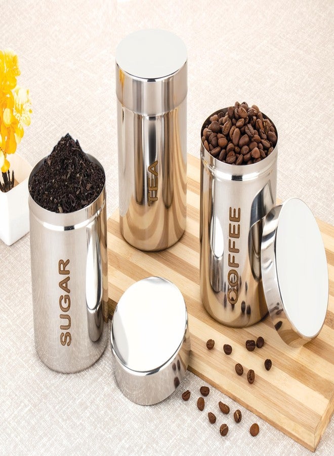 STEEPLE Stainless Steel Tea, Coffee, and Sugar Container Set Â– 800 ml Capacity Each | Durable, Rustproof, Airtight Storage Jars for Kitchen | Set of 3 Modern Canisters with Engraved Labels, Silver - Image 2