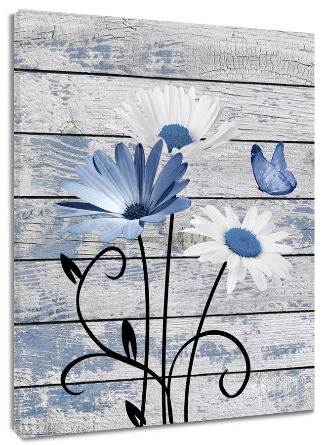 HVEST Farmhouse Floral Wall Art for Living Room, Blue and White Daisy Flower and Butterfly on Rustic Wood Board Canvas Wall Art Framed Artwork Ready to Hang for Bathroom Bedroom Decor, 16L X 12W - Image 1