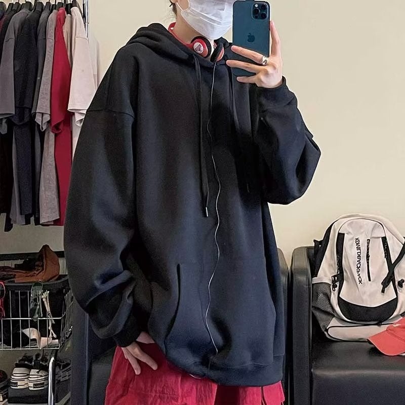 Burgundy Hoodie Mens Autumn Casual Top Black - Image 1