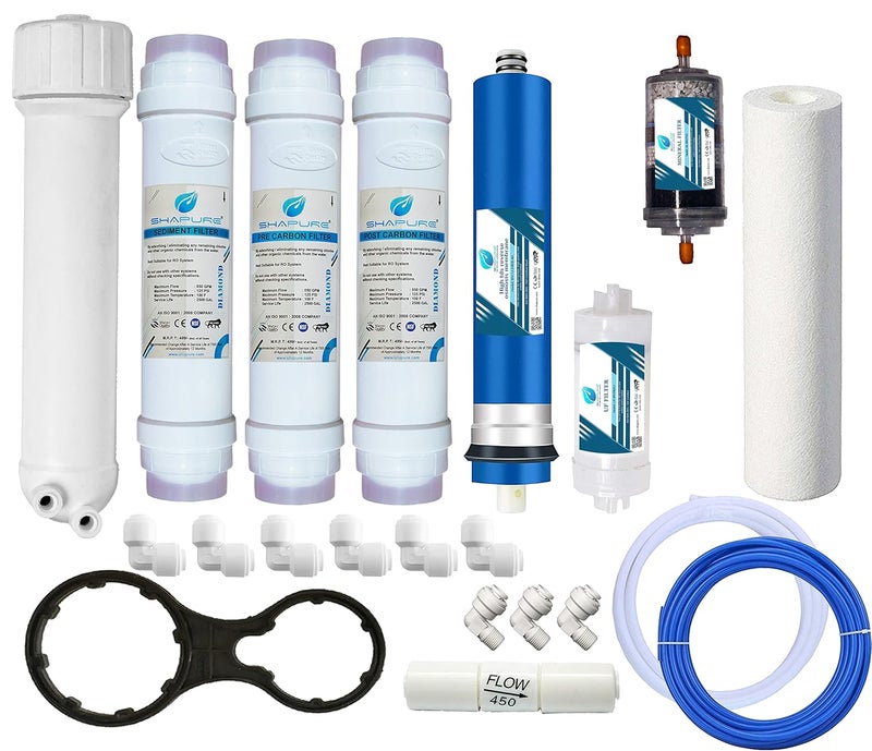 Shapure Ro Service Kit with 80 GPD Membrane Filter kit for Water Purifier Alkaline Membrane Inline Spun Carbon Sediment CartridgeWorks up to 2500 Yearly kit Without tds Meter - Image 1