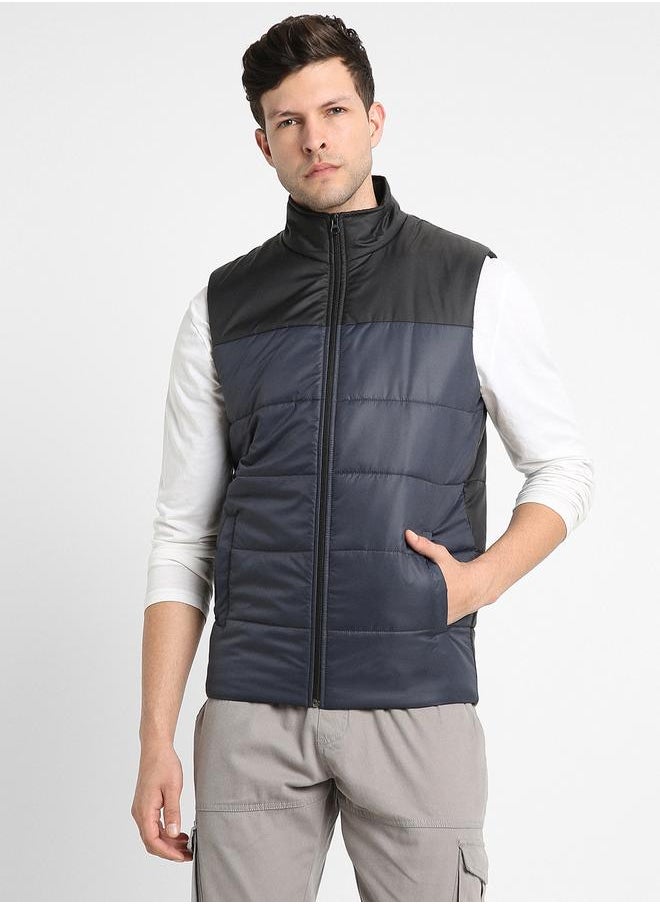 Dennis Lingo Denim Regular Fit Men's Colourblocked Mock Neck Sleeveless Polyester Jacket with Zipper Closure  - Image 1