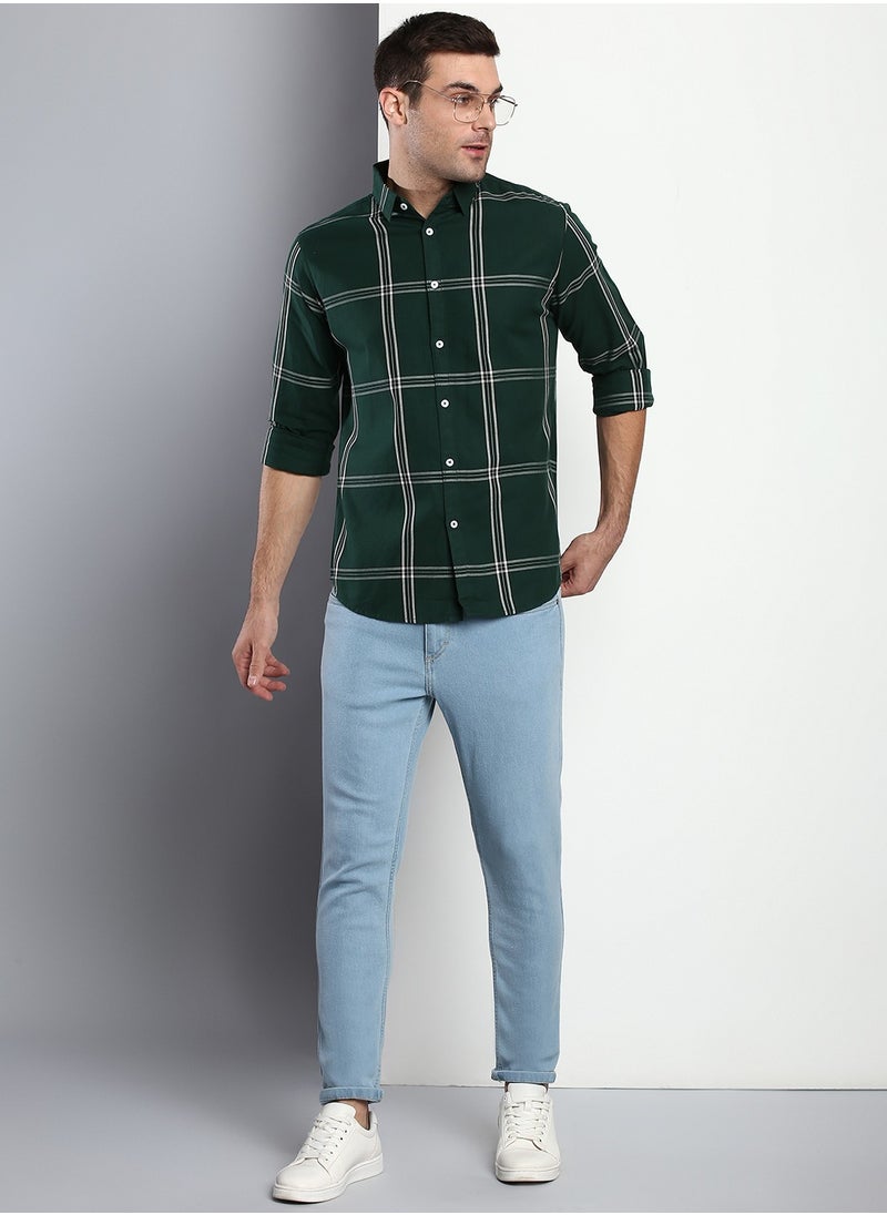 Dennis Lingo Slim Fit B-Green Men's Checkered Shirt, Spread Collar, Full Sleeves, Cotton,  - Image 3