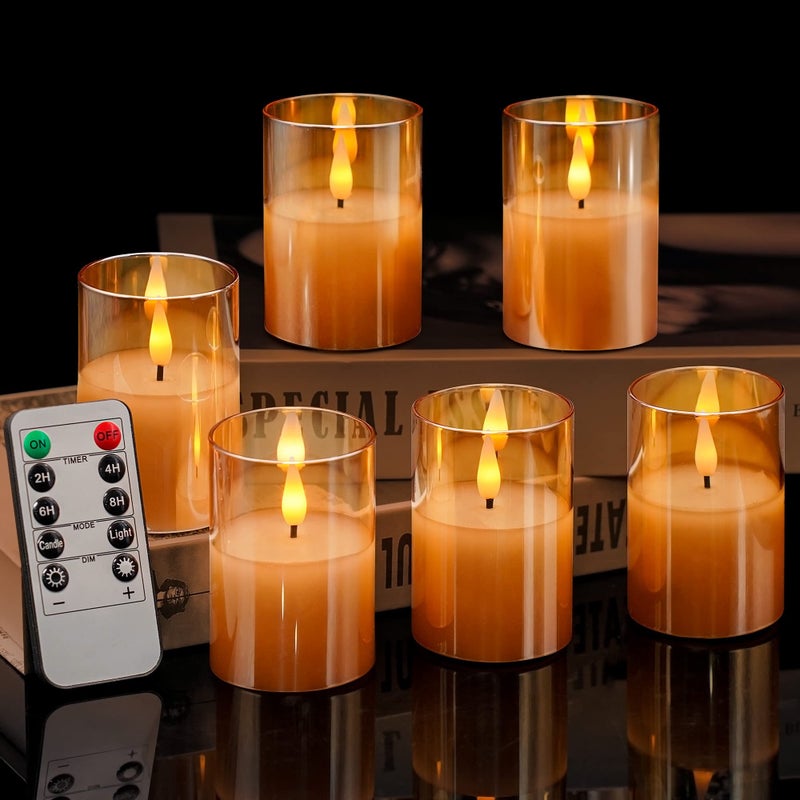 VIODAIM 6Pack Glass Flickering Flameless Candles with Remote 2X3 Real Wax Votive Candles Battery Operated Small Electric LED Candles for Wedding Home Decor w4 Timers2 Lighting Modes Gold