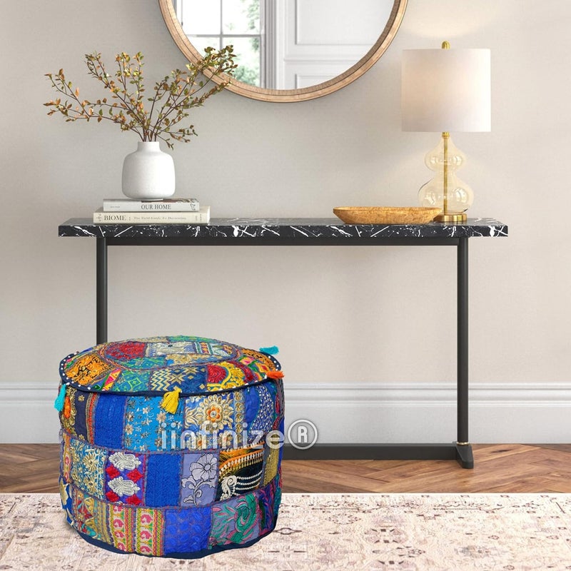 iinfinize 16 Inch Round Pouf Cover Patchwork Handmade Home Decorative Ottoman Footstool Pouff Vintage Living Room Office Sofa Corner Pouf Blue - Image 3