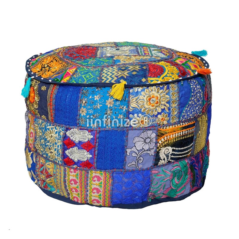 iinfinize 16 Inch Round Pouf Cover Patchwork Handmade Home Decorative Ottoman Footstool Pouff Vintage Living Room Office Sofa Corner Pouf Blue - Image 1
