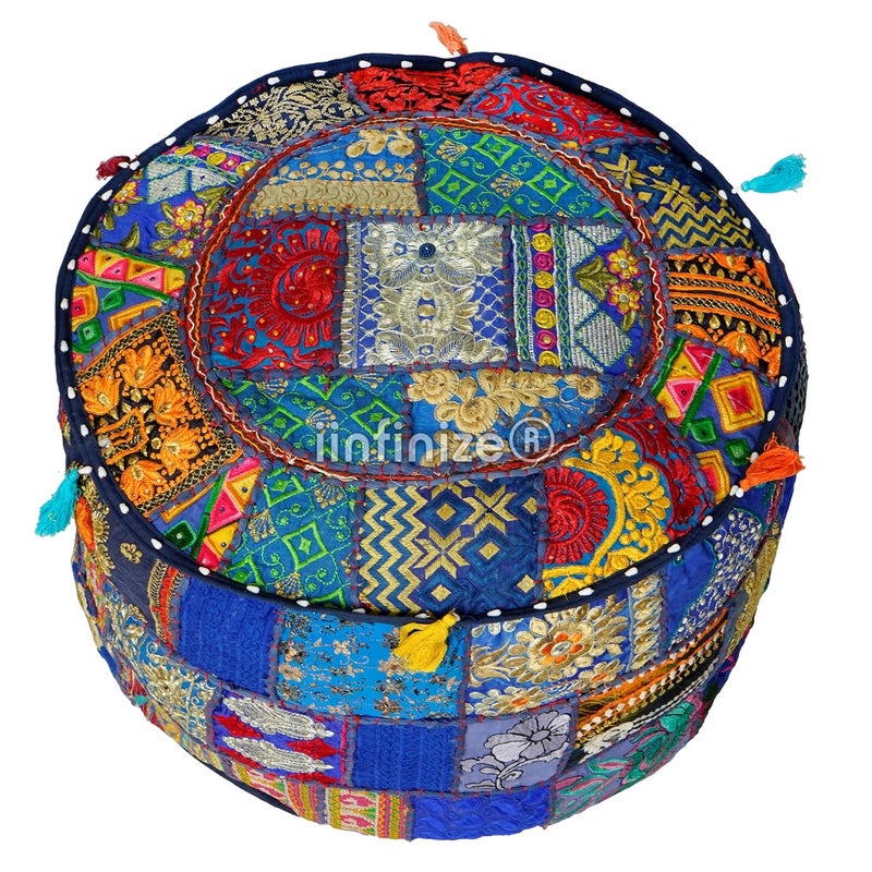 iinfinize 16 Inch Round Pouf Cover Patchwork Handmade Home Decorative Ottoman Footstool Pouff Vintage Living Room Office Sofa Corner Pouf Blue - Image 4
