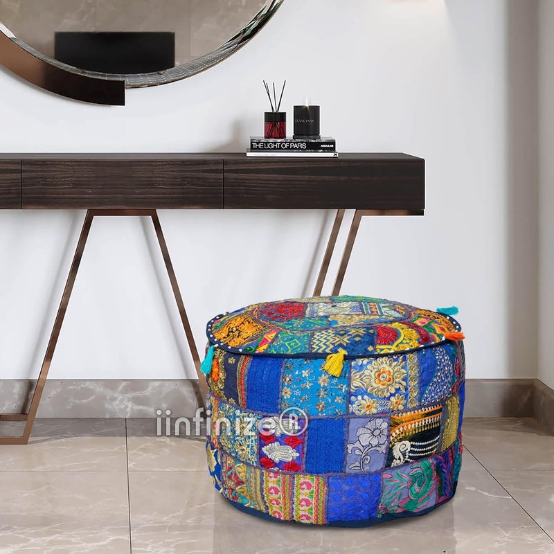 iinfinize 16 Inch Round Pouf Cover Patchwork Handmade Home Decorative Ottoman Footstool Pouff Vintage Living Room Office Sofa Corner Pouf Blue - Image 2