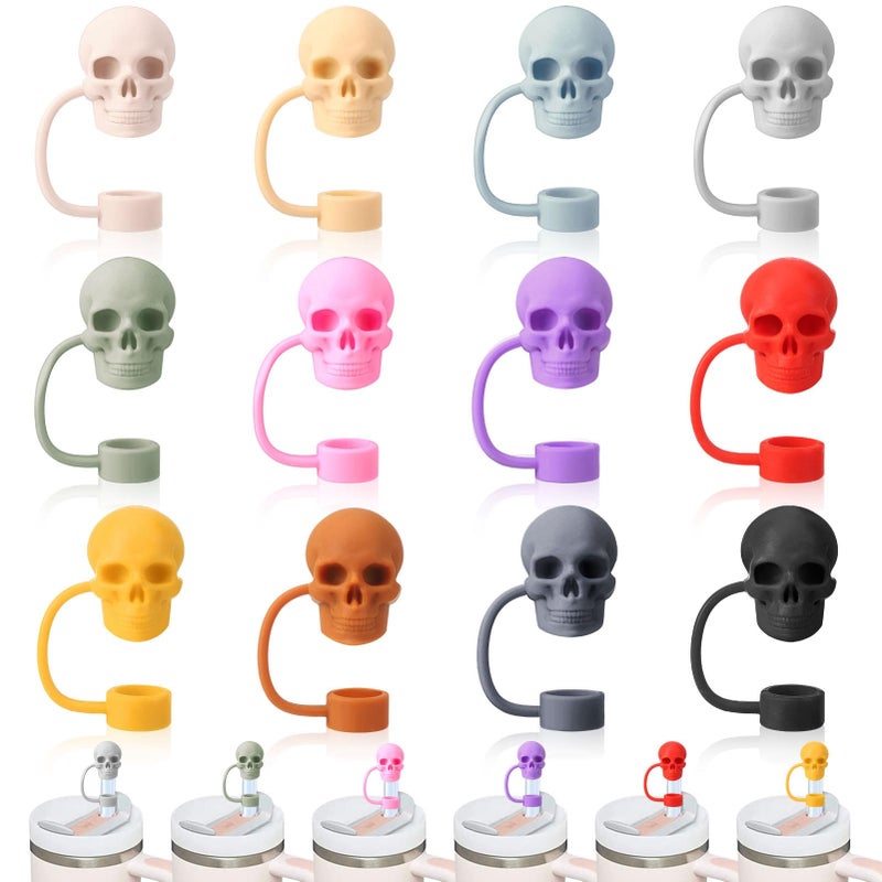 XLSXEXCL 12 Pcs Skull Straw Cover Caps Compatible with Stanley Cup Silicone Cute Reusable Straw Toppers Compatible with Stanley Cup Accessories 10mm