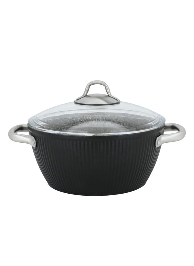 Alsaif Gallery Turkish Black Ribbed Granite Cookware Set With Glass Lid And Steel Handle 9 Pieces  - Image 2