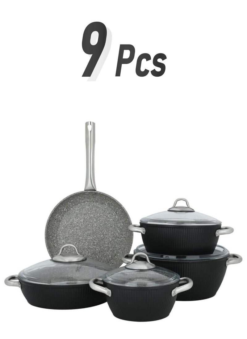 Alsaif Gallery Turkish Black Ribbed Granite Cookware Set With Glass Lid And Steel Handle 9 Pieces  - Image 1