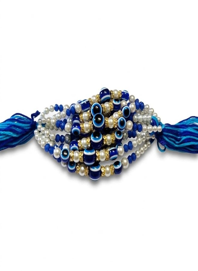 Sesonby 12 Pcs Evil Eye Rakhi for Bhaiya, Blue Nazar Bead & Pearl Designer Bracelet for Brother with Roli Chawal, Traditional Bhaiya Rakhi, Rakshabandhan Gift Set for Bhai - Image 4