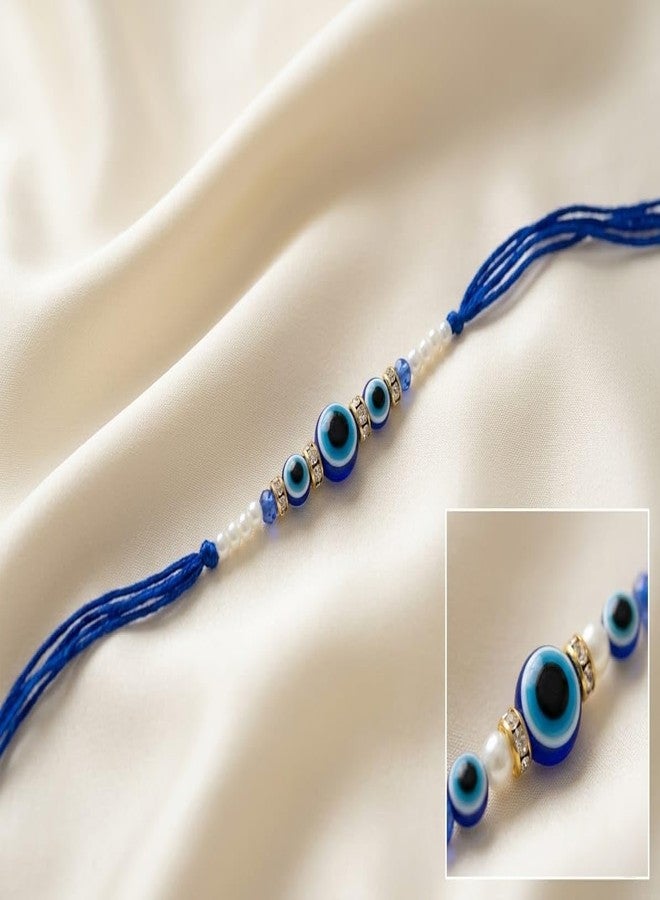 Sesonby 12 Pcs Evil Eye Rakhi for Bhaiya, Blue Nazar Bead & Pearl Designer Bracelet for Brother with Roli Chawal, Traditional Bhaiya Rakhi, Rakshabandhan Gift Set for Bhai - Image 3