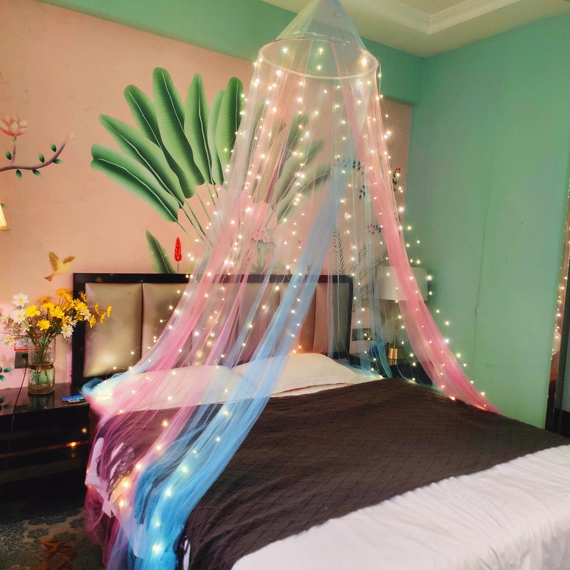Eimilaly TwoTone Bed Canopy Mosquito Net Pink Blue with 250pcs Warm White Lights Bed Canopy for Girls Room Decor Single Door