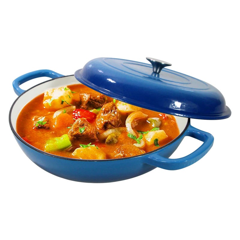 COOKWIN Enameled Cast Iron Dutch Oven Braiser, 3.8 Quart Enamel Skillet Pot with Lid - Heavy Duty and Dual Handles, Oven Safe Frying Pan for Family or Friends Gifts, Blue - Image 1