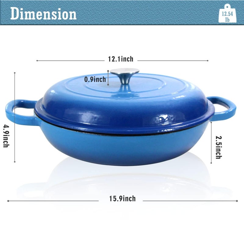 COOKWIN Enameled Cast Iron Dutch Oven Braiser, 3.8 Quart Enamel Skillet Pot with Lid - Heavy Duty and Dual Handles, Oven Safe Frying Pan for Family or Friends Gifts, Blue - Image 3