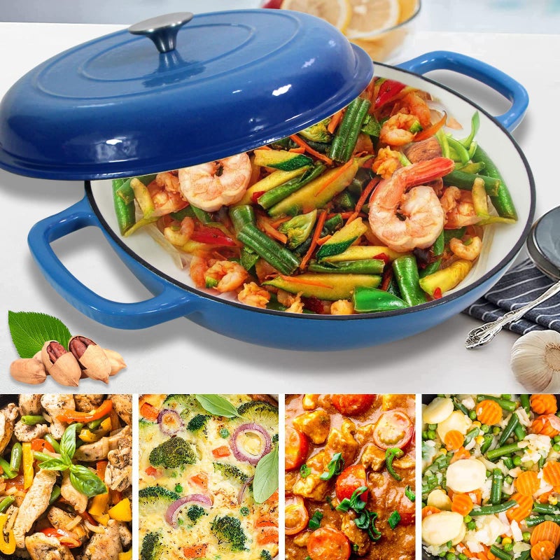 COOKWIN Enameled Cast Iron Dutch Oven Braiser, 3.8 Quart Enamel Skillet Pot with Lid - Heavy Duty and Dual Handles, Oven Safe Frying Pan for Family or Friends Gifts, Blue - Image 2