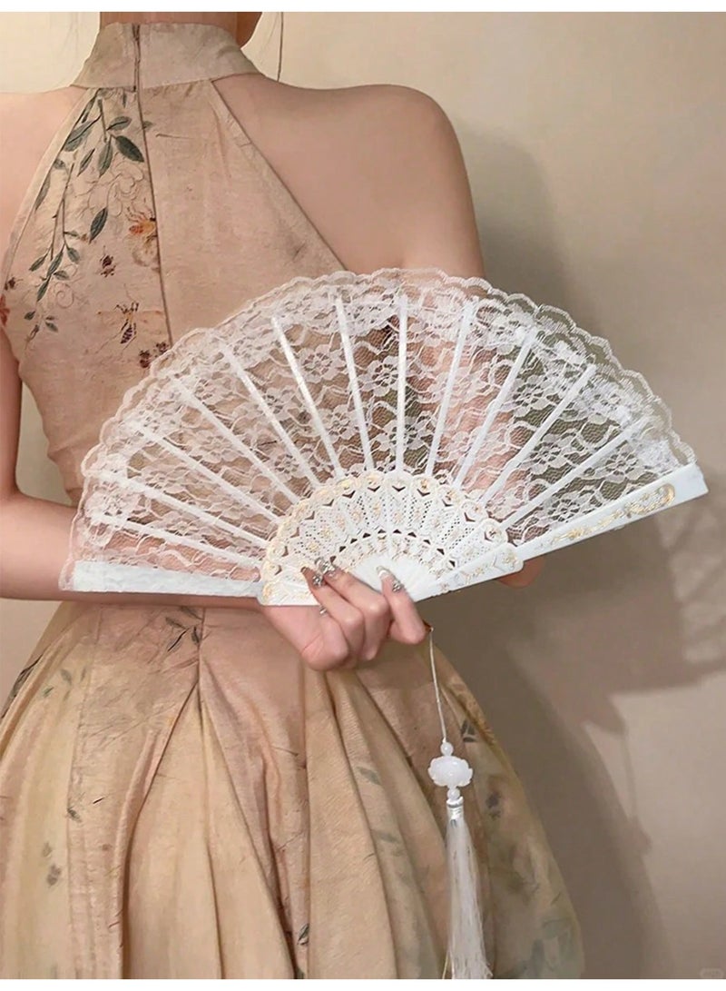 1 Piece Vintage French Folding Hand Fan With Lace And Tassel For Summer Dance Party - Image 1