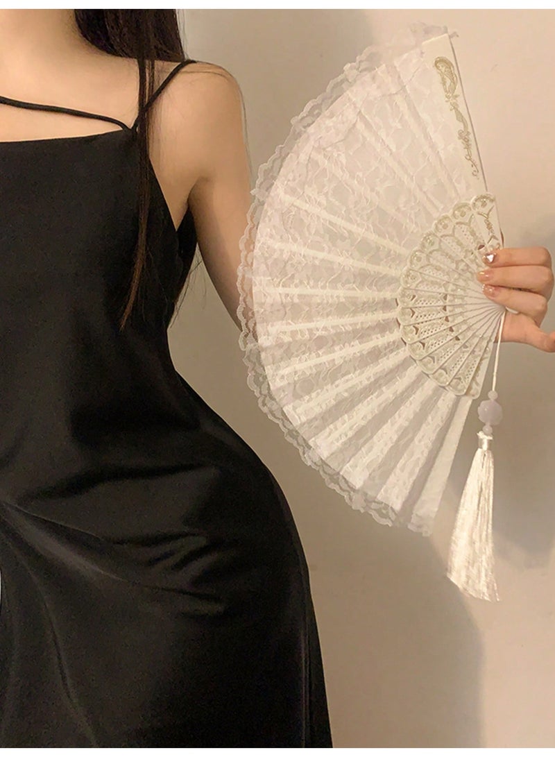 1 Piece Vintage French Folding Hand Fan With Lace And Tassel For Summer Dance Party - Image 2
